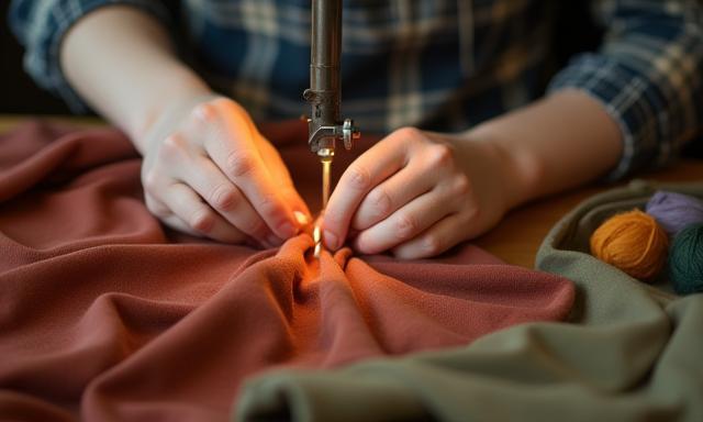 Hands meticulously working on a garment, symbolizing ethical manufacturing